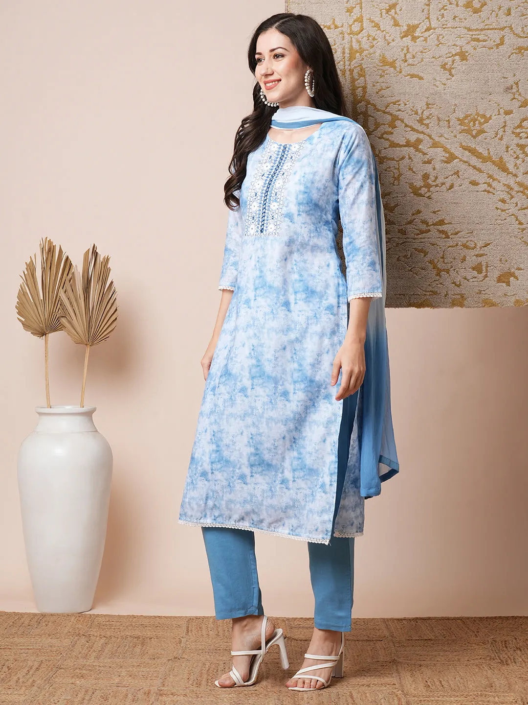 Abstract Printed & Embroidered Straight Fit Kurta with Pant & Dupatta - Blue