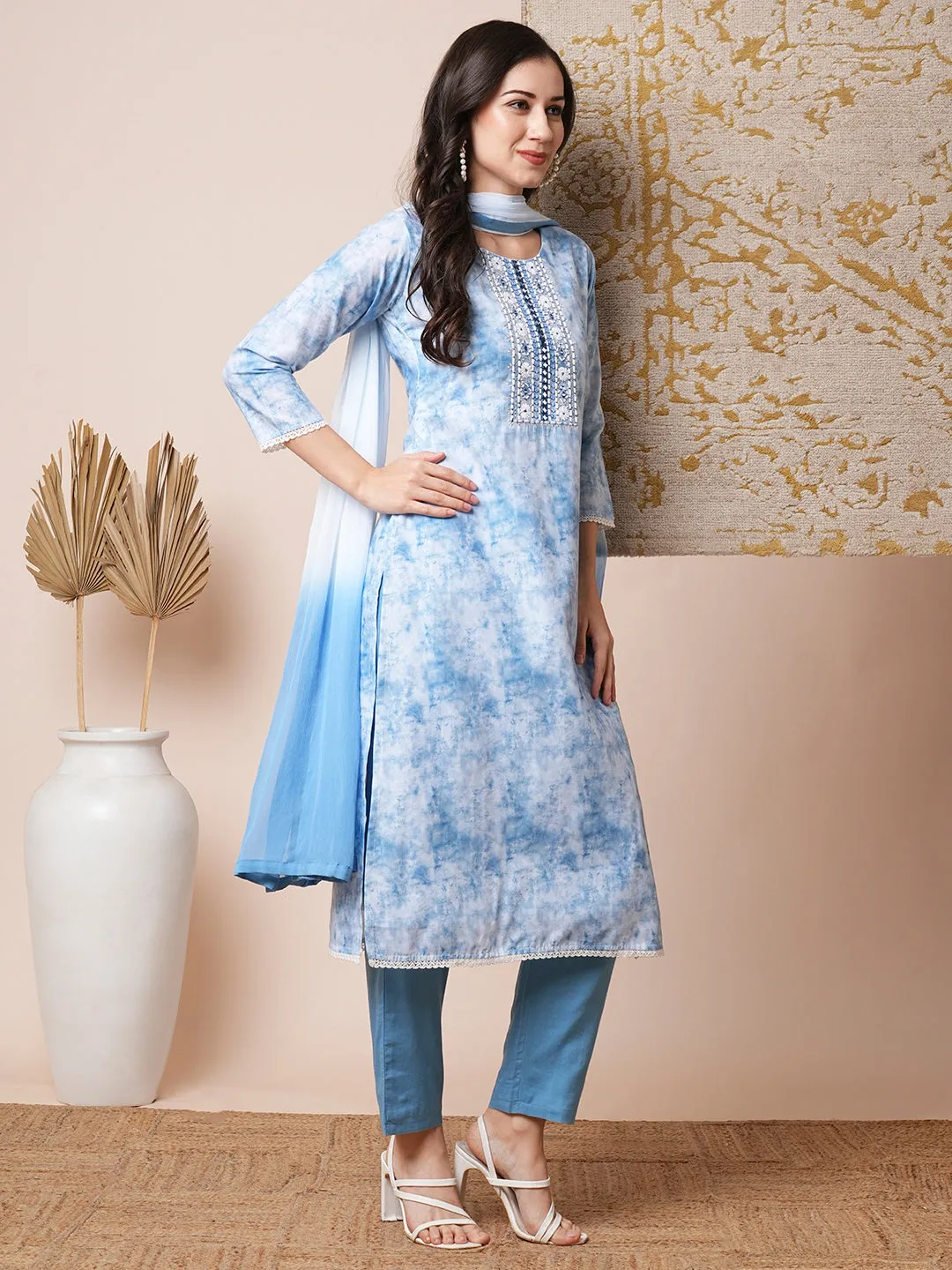 Abstract Printed & Embroidered Straight Fit Kurta with Pant & Dupatta - Blue