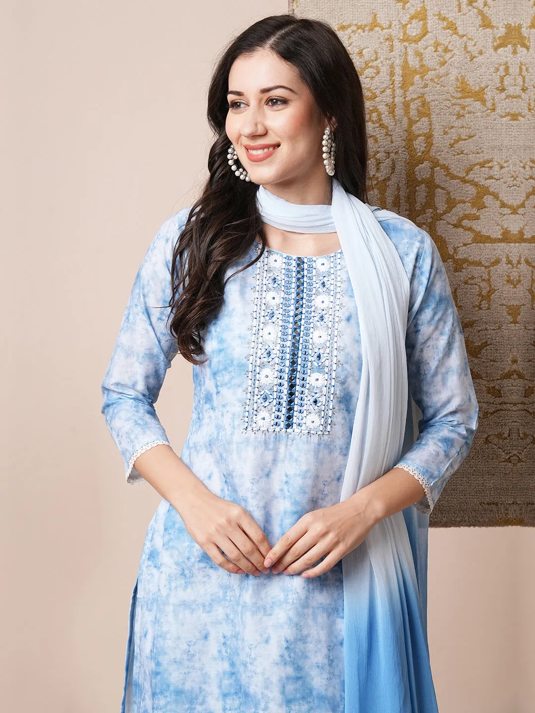 Abstract Printed & Embroidered Straight Fit Kurta with Pant & Dupatta - Blue