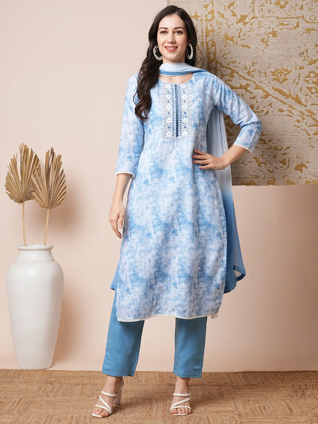 Abstract Printed & Embroidered Straight Fit Kurta with Pant & Dupatta - Blue