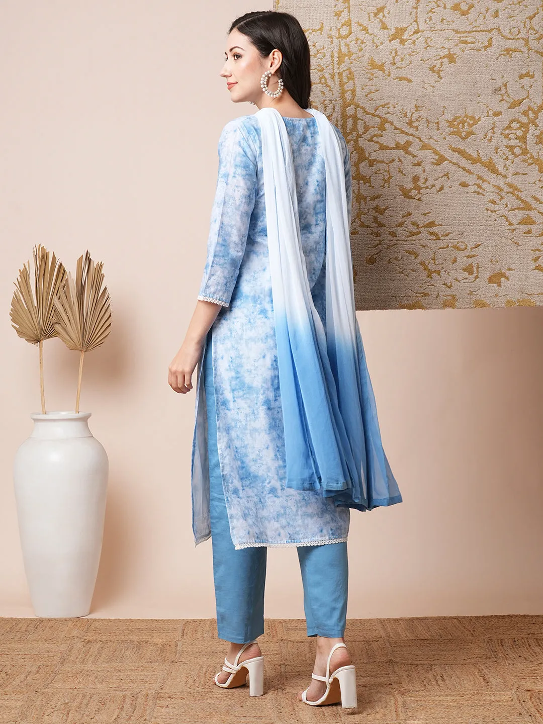 Abstract Printed & Embroidered Straight Fit Kurta with Pant & Dupatta - Blue