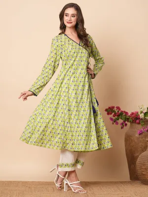 Abstract Printed Crochet Lace Work Angrakha Kurta with Pants - Lime green