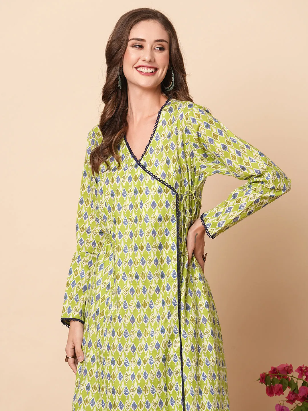 Abstract Printed Crochet Lace Work Angrakha Kurta with Pants - Lime green