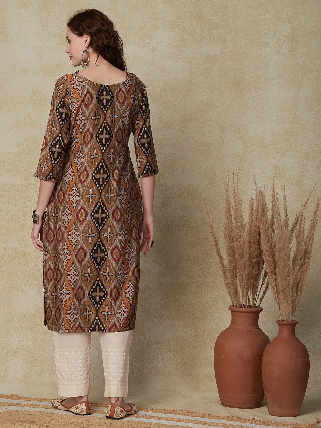 Abstract Printed Loop Lace Embellished Kurta - Multi & Mustard