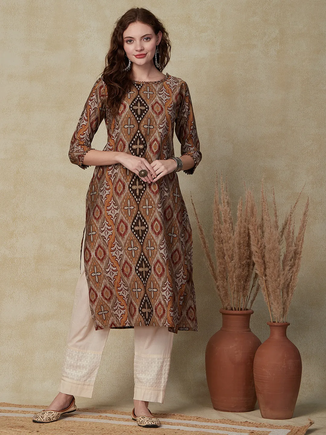 Abstract Printed Loop Lace Embellished Kurta - Multi & Mustard