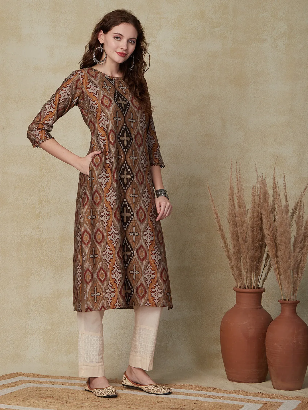 Abstract Printed Loop Lace Embellished Kurta - Multi & Mustard