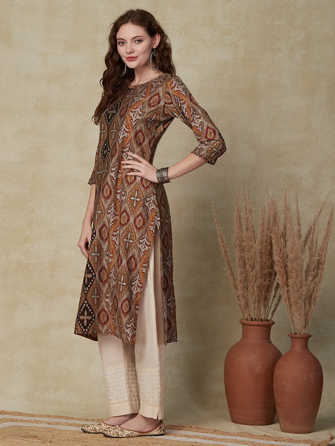 Abstract Printed Loop Lace Embellished Kurta - Multi & Mustard