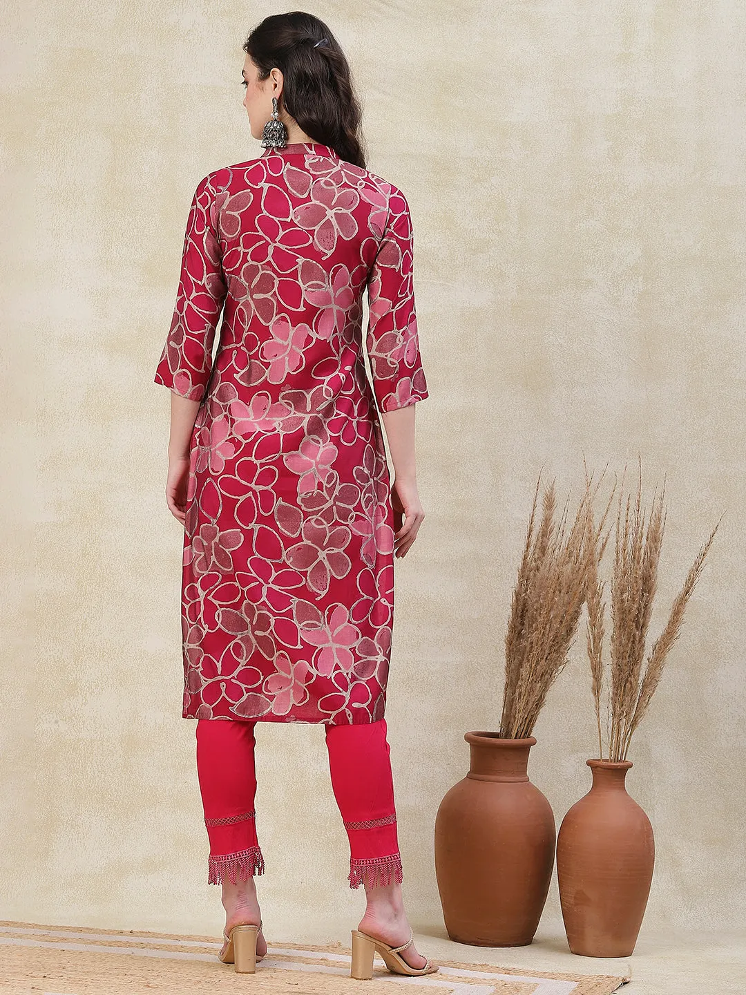 Abstract Printed Metal Buttoned Kurta - Magenta