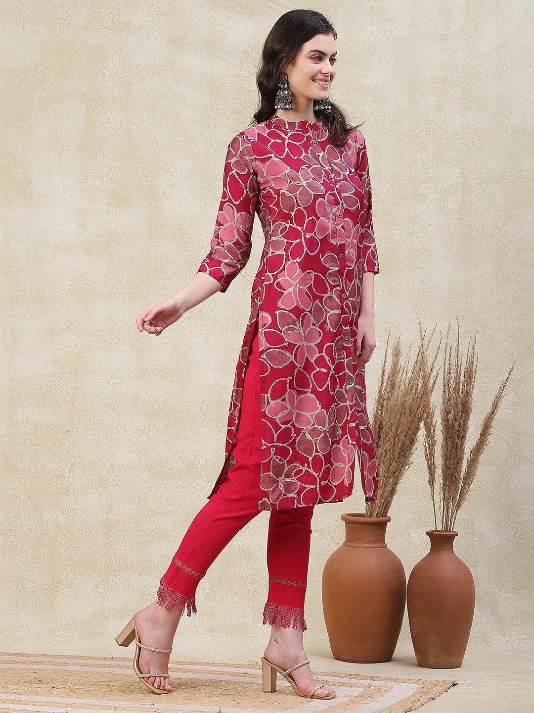 Abstract Printed Metal Buttoned Kurta - Magenta