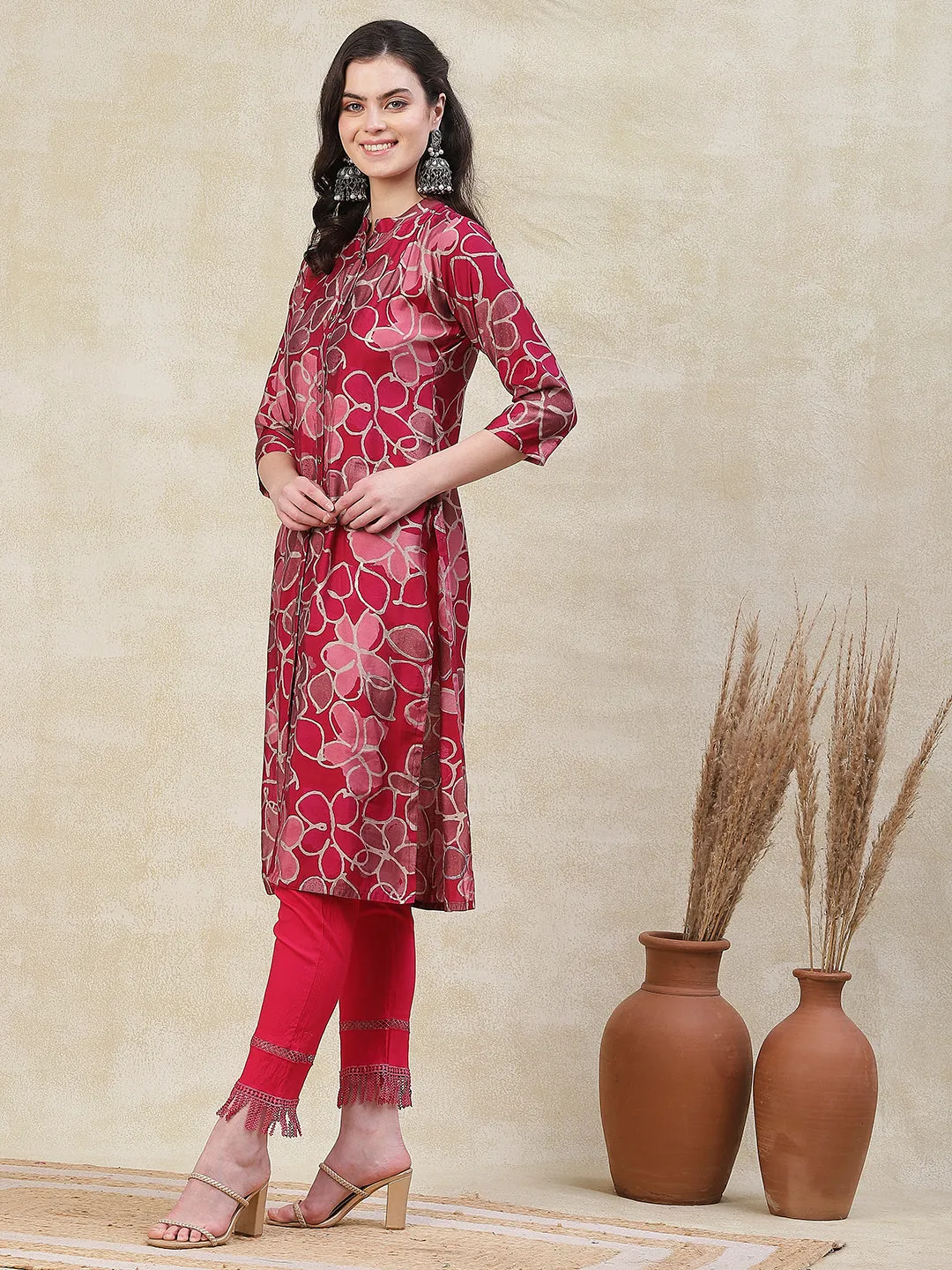 Abstract Printed Metal Buttoned Kurta - Magenta