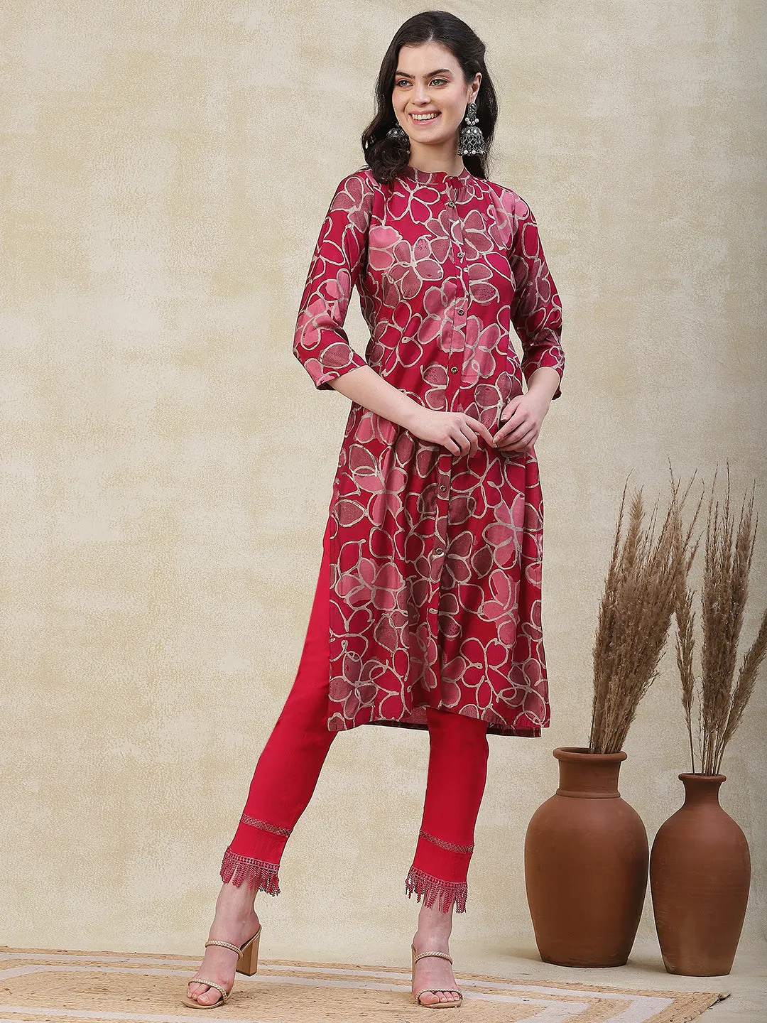 Abstract Printed Metal Buttoned Kurta - Magenta