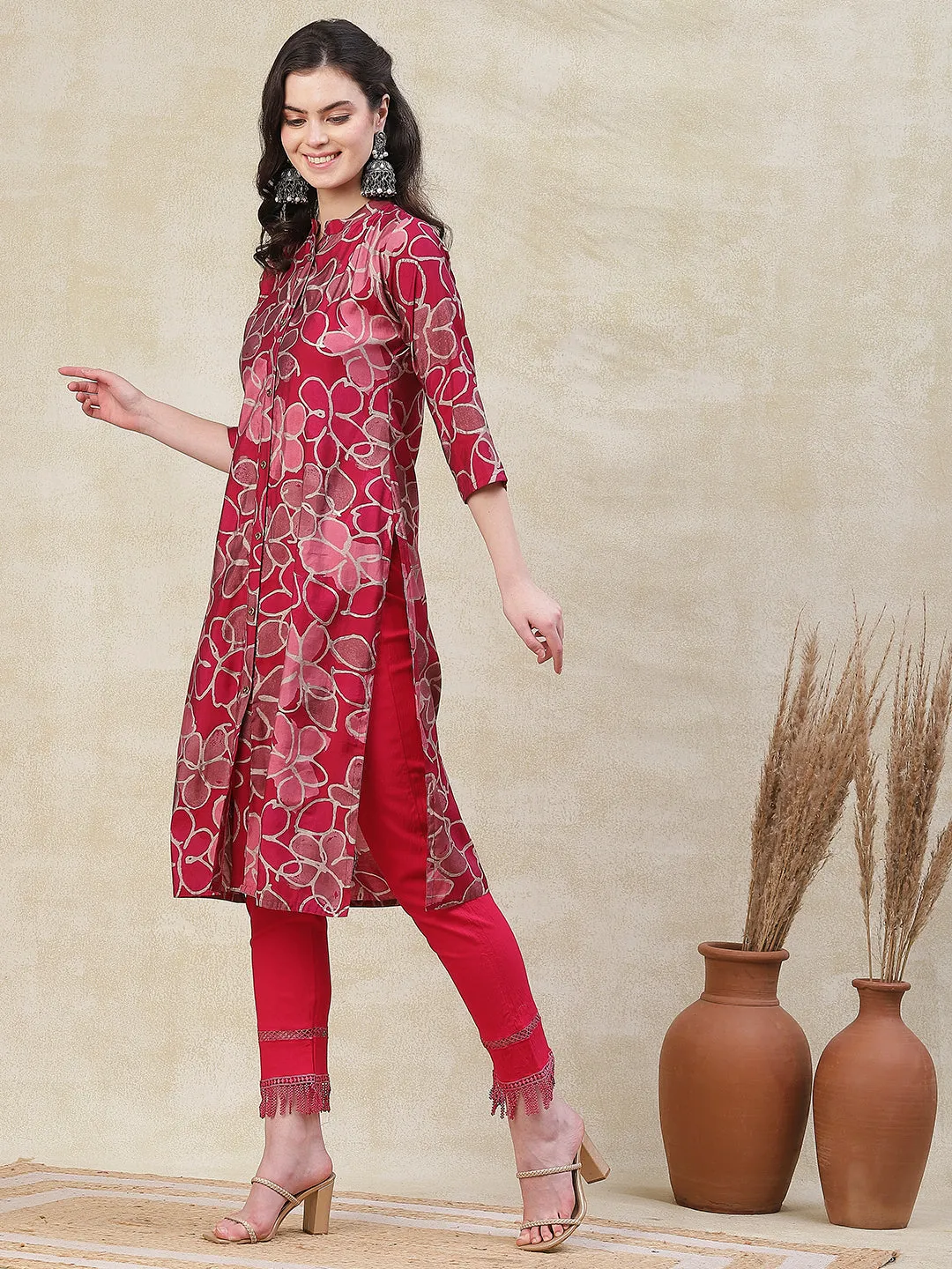 Abstract Printed Metal Buttoned Kurta - Magenta