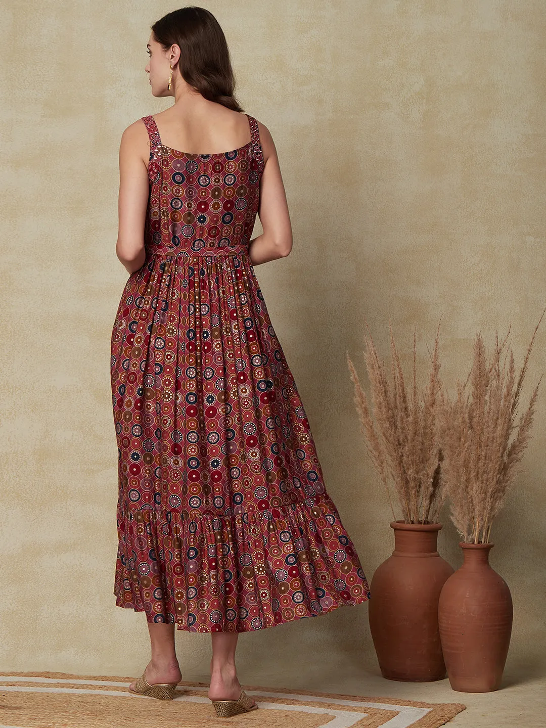 Abstract Printed Mirror Embroidered Maxi Dress With Waist Belt - Multi