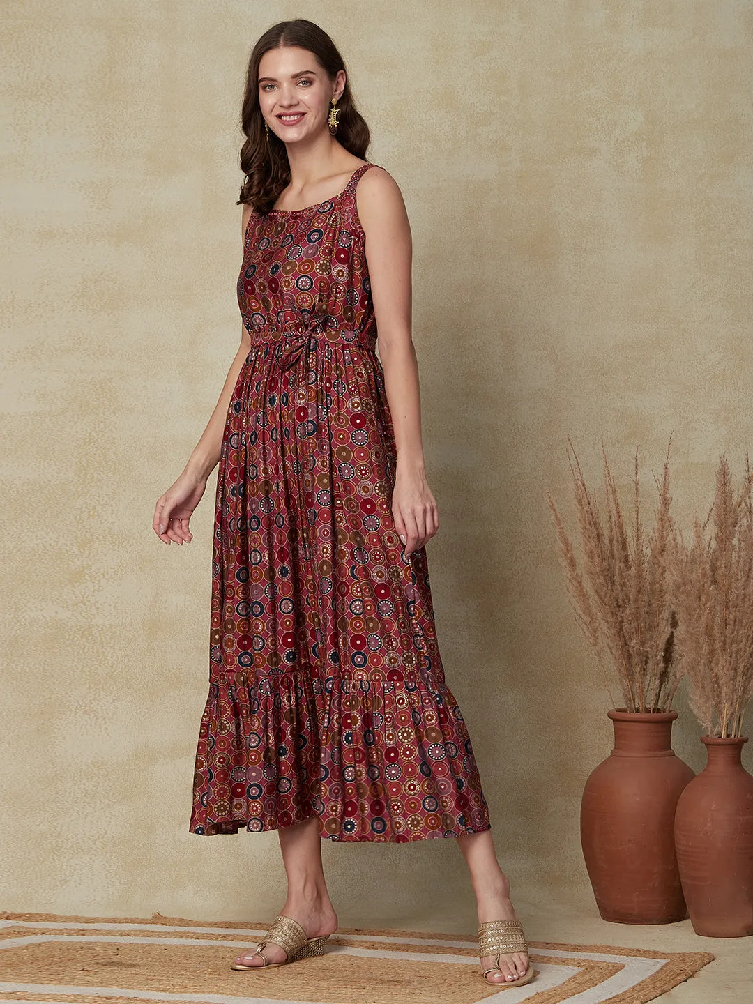 Abstract Printed Mirror Embroidered Maxi Dress With Waist Belt - Multi