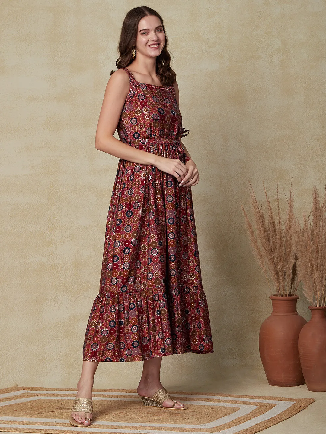 Abstract Printed Mirror Embroidered Maxi Dress With Waist Belt - Multi