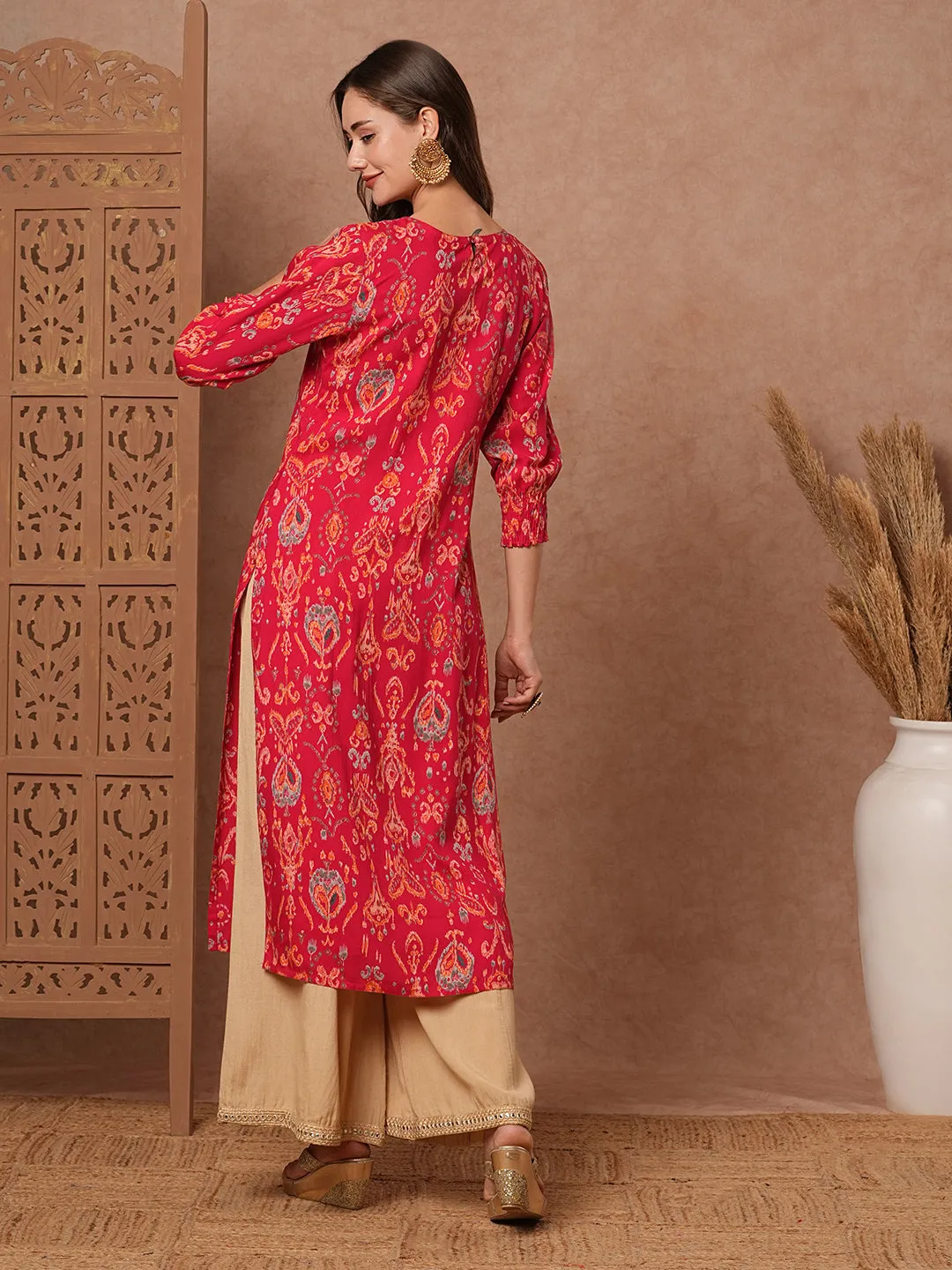 Abstract Printed Mirror Embroidered Smocked Yoke Kurta - Pink