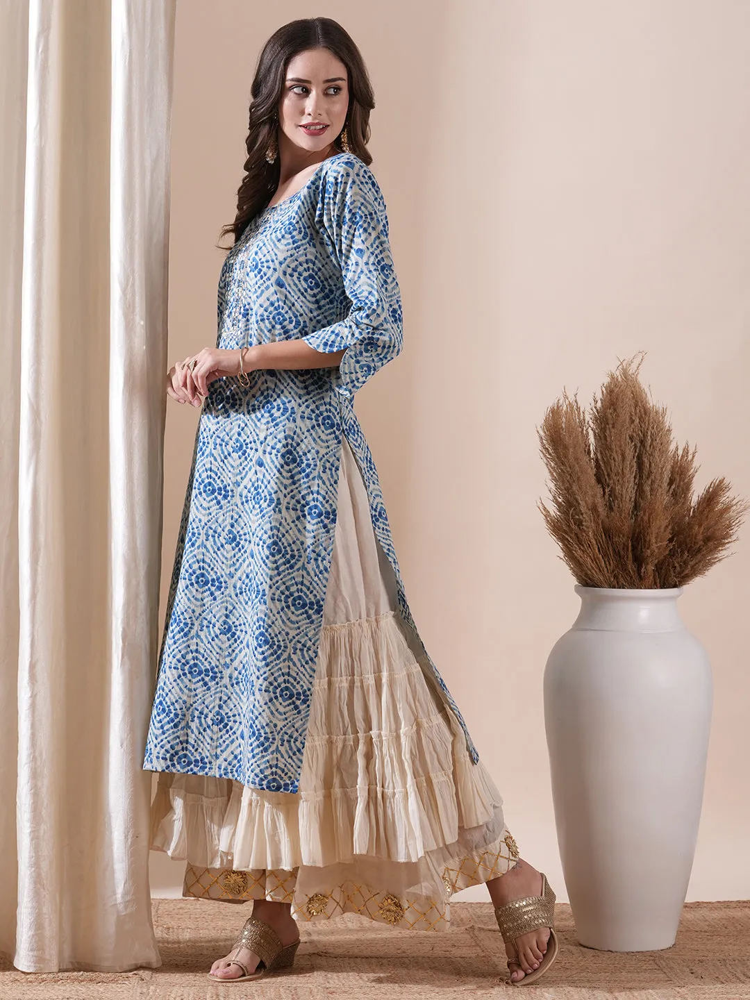 Abstract Printed Mirror, Resham & Gotapatti Embroidered Kurta - Blue