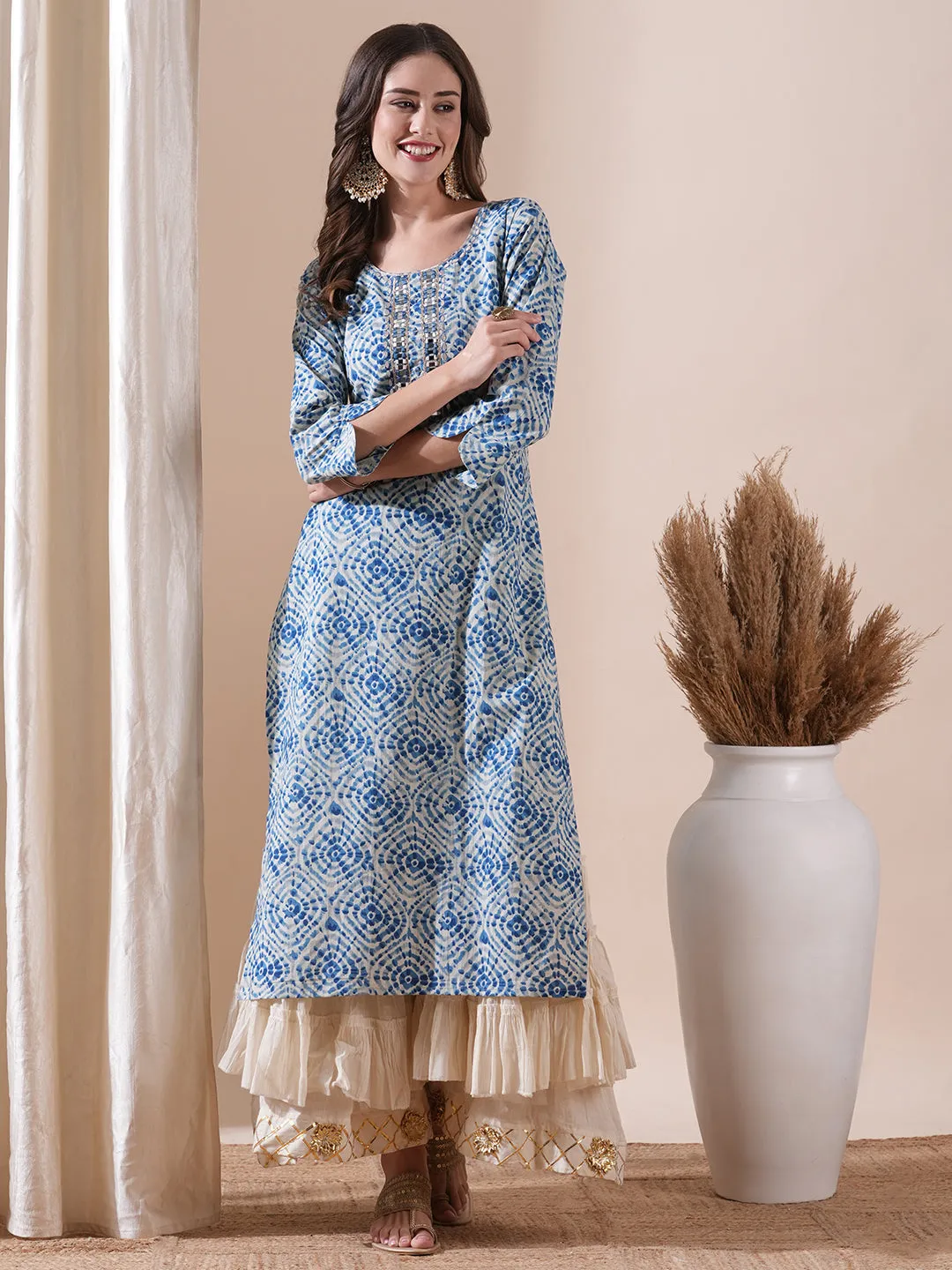 Abstract Printed Mirror, Resham & Gotapatti Embroidered Kurta - Blue