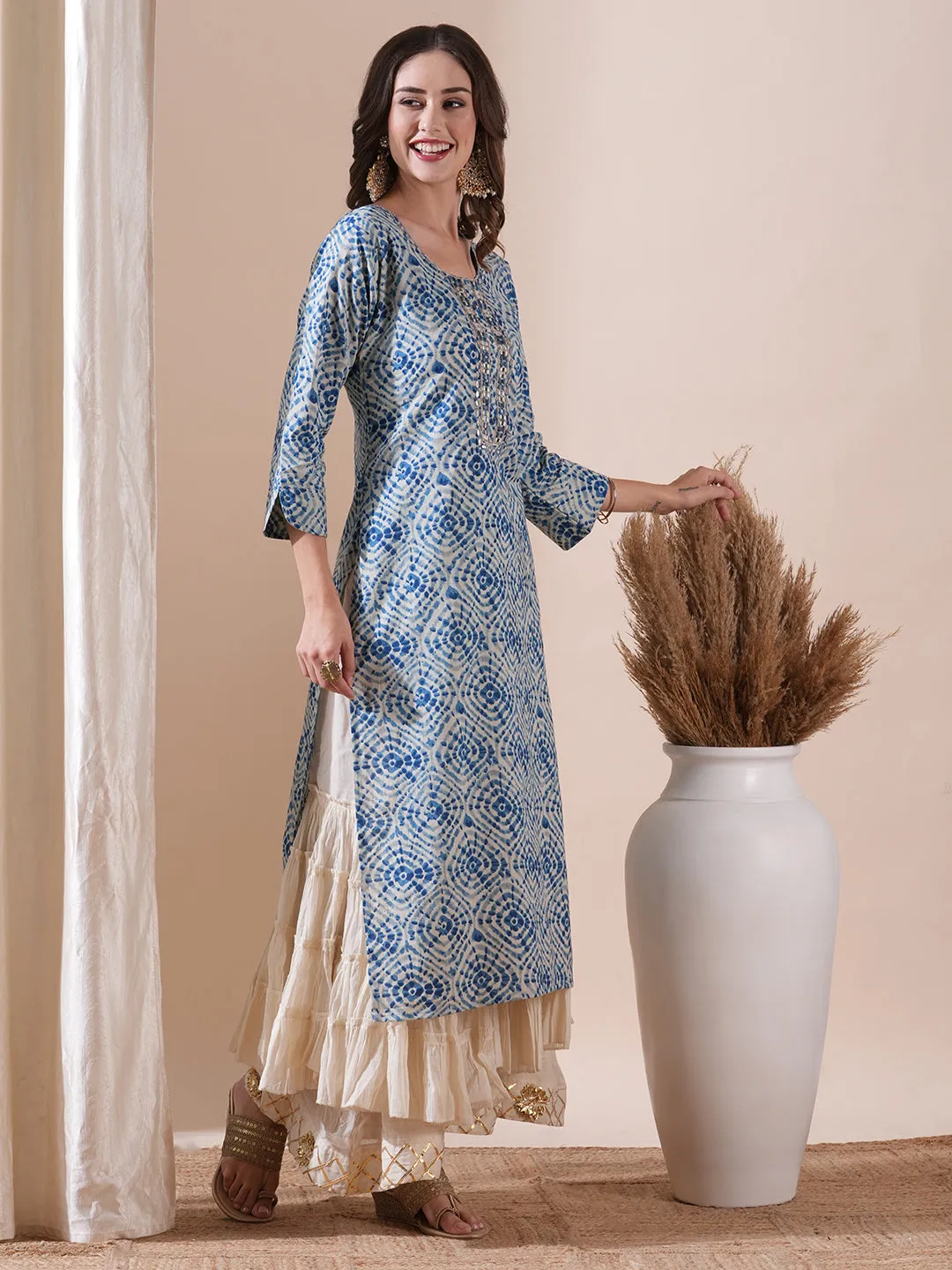 Abstract Printed Mirror, Resham & Gotapatti Embroidered Kurta - Blue