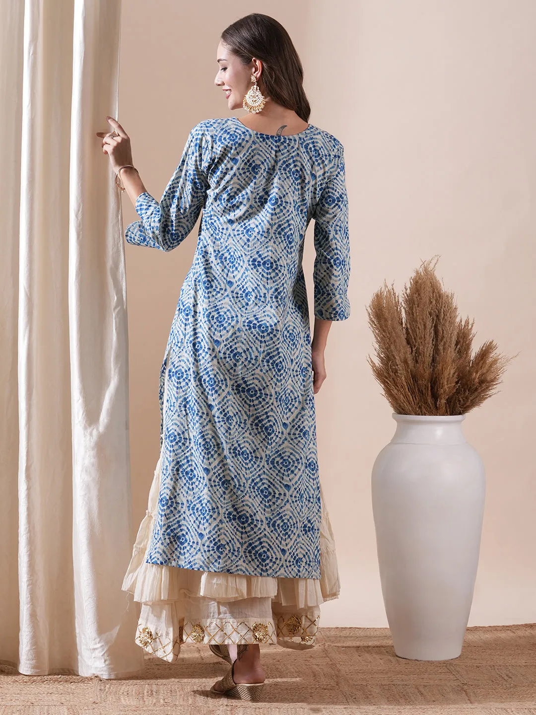 Abstract Printed Mirror, Resham & Gotapatti Embroidered Kurta - Blue