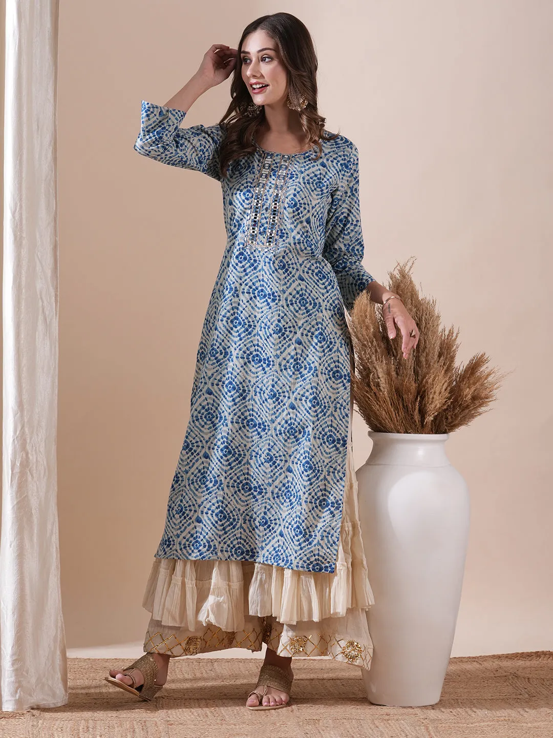 Abstract Printed Mirror, Resham & Gotapatti Embroidered Kurta - Blue