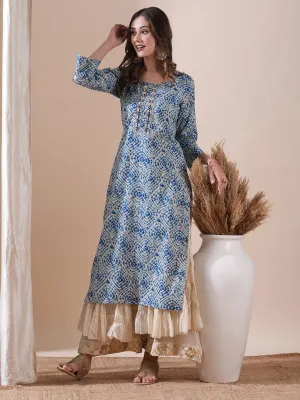 Abstract Printed Mirror, Resham & Gotapatti Embroidered Kurta - Blue