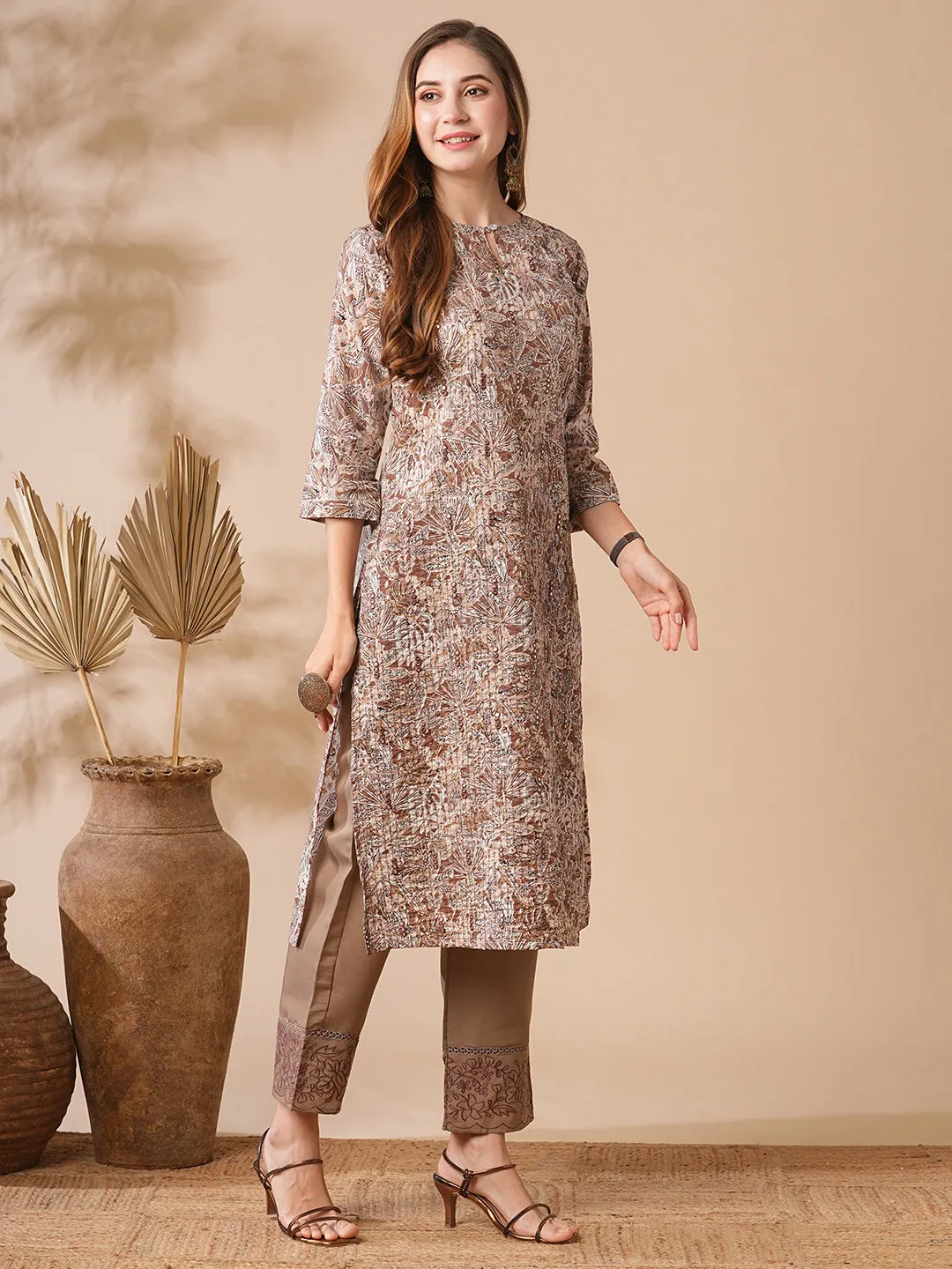 Abstract Printed Mirror, Sequins & Resham Embroidered kurta - Light Brown