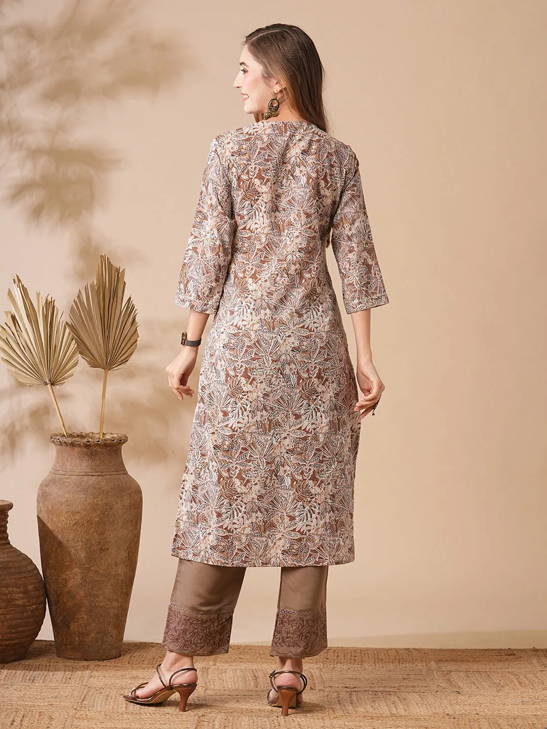 Abstract Printed Mirror, Sequins & Resham Embroidered kurta - Light Brown