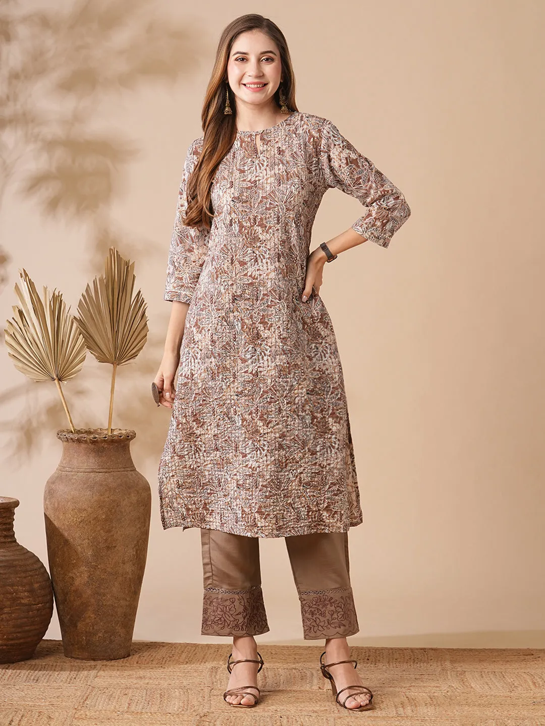 Abstract Printed Mirror, Sequins & Resham Embroidered kurta - Light Brown