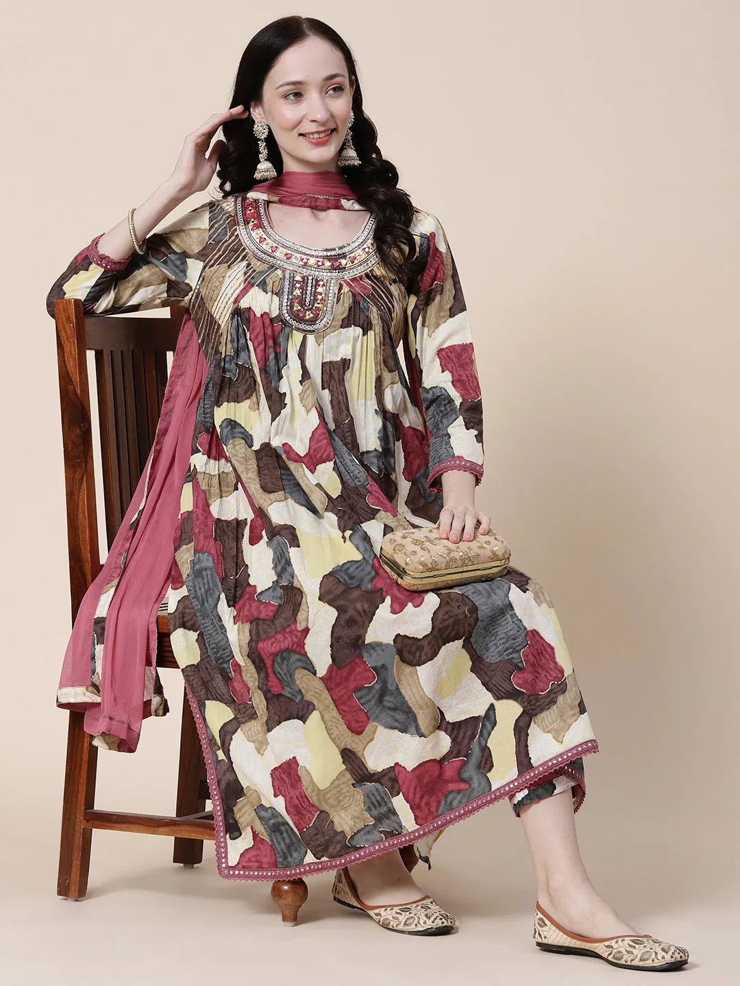 Abstract Printed Mirror, Zari & Resham Embroidered High Slit Kurta With Pants & Dupatta - Multi