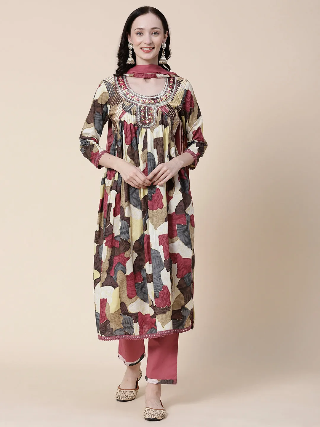 Abstract Printed Mirror, Zari & Resham Embroidered High Slit Kurta With Pants & Dupatta - Multi