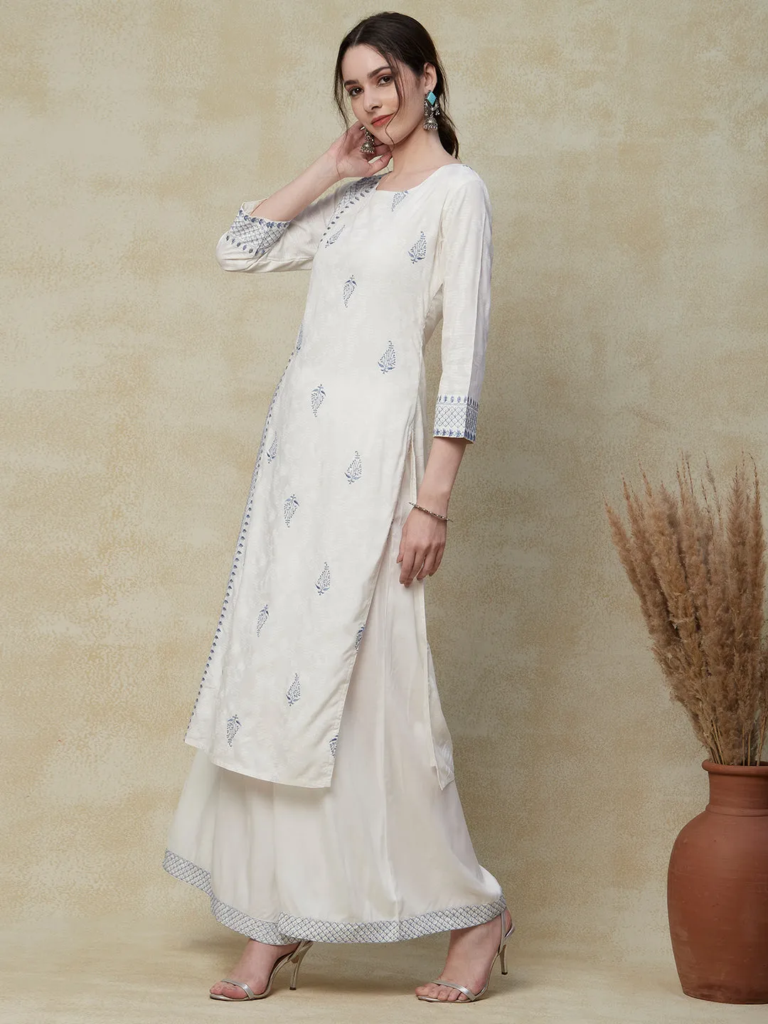 Abstract Printed Resham & Sequins Embroidered Kurta with Palazzo - White