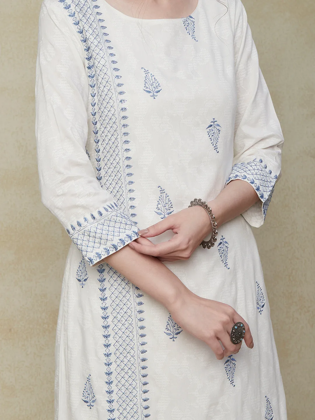 Abstract Printed Resham & Sequins Embroidered Kurta with Palazzo - White