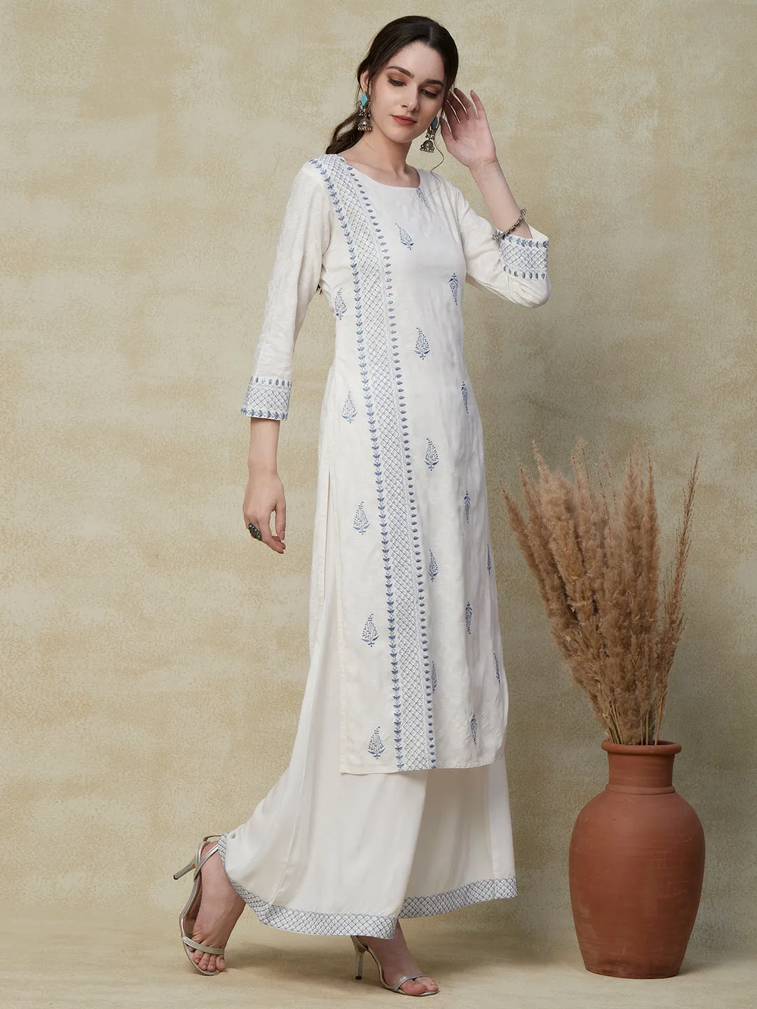 Abstract Printed Resham & Sequins Embroidered Kurta with Palazzo - White