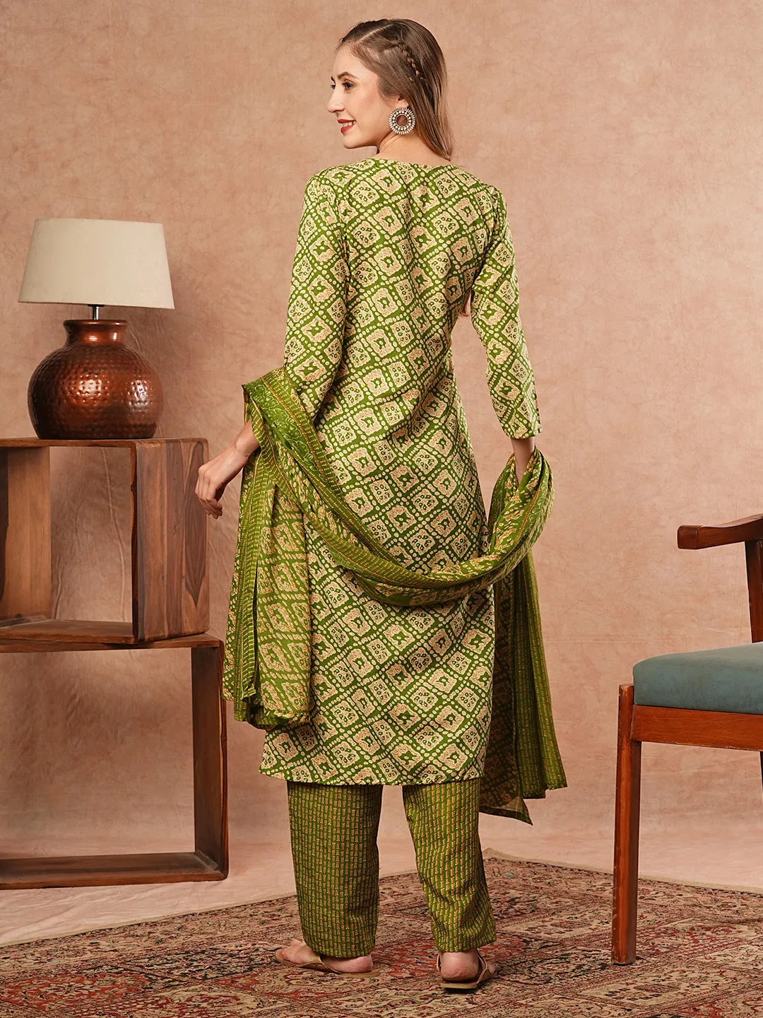 Abstract Printed Resham & Sequins Embroidered Kurta with Pants & Dupatta - Green