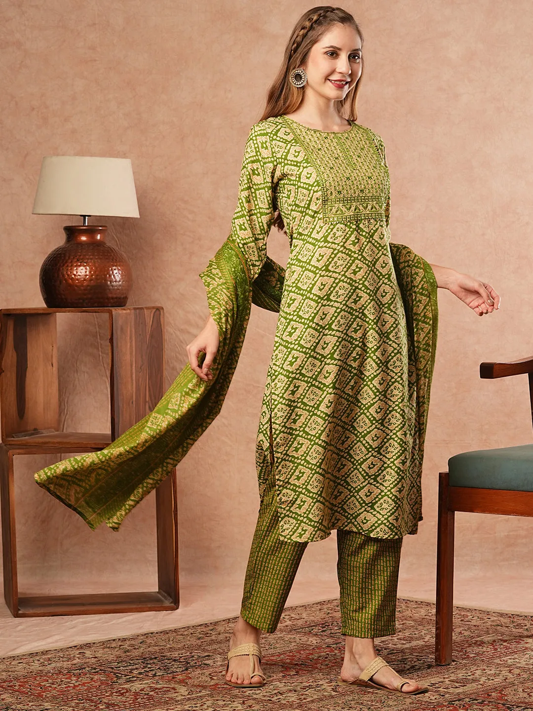 Abstract Printed Resham & Sequins Embroidered Kurta with Pants & Dupatta - Green