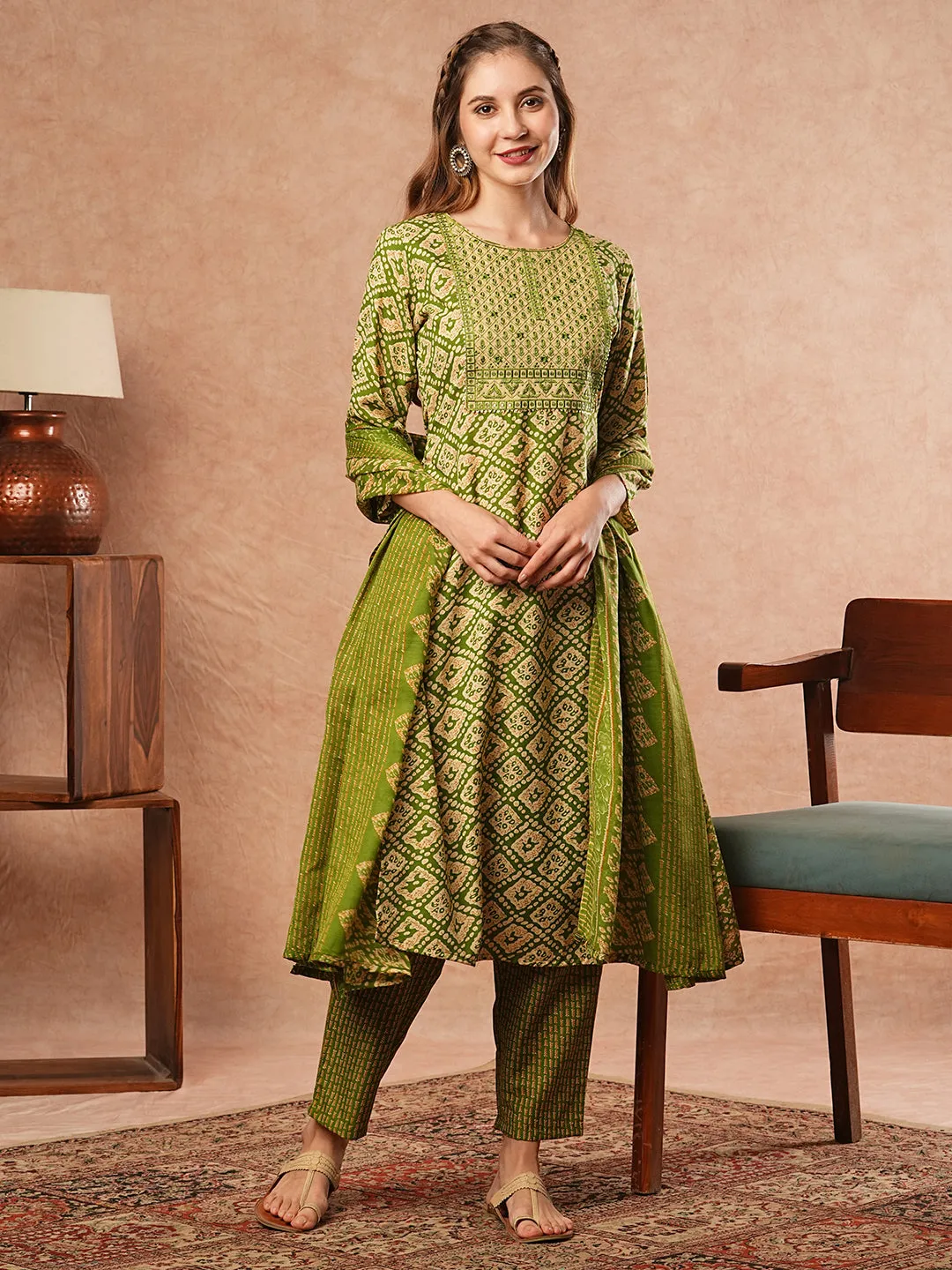 Abstract Printed Resham & Sequins Embroidered Kurta with Pants & Dupatta - Green