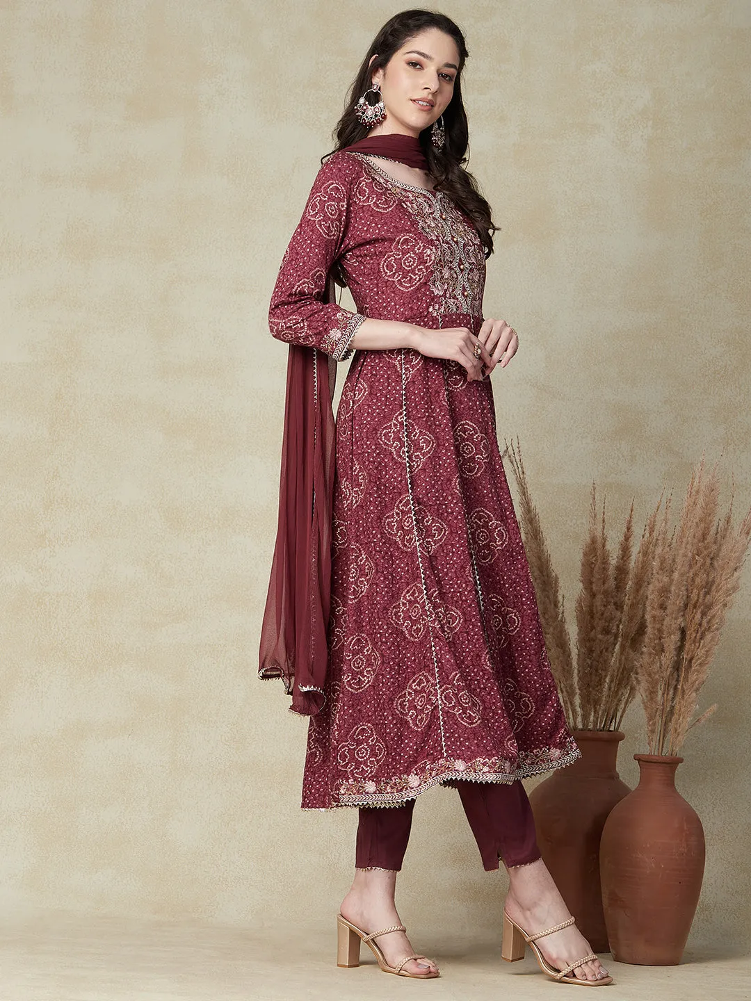 Abstract Printed Resham & Zari Embroidered Anarkali Kurta with Pants & Dupatta - Brown