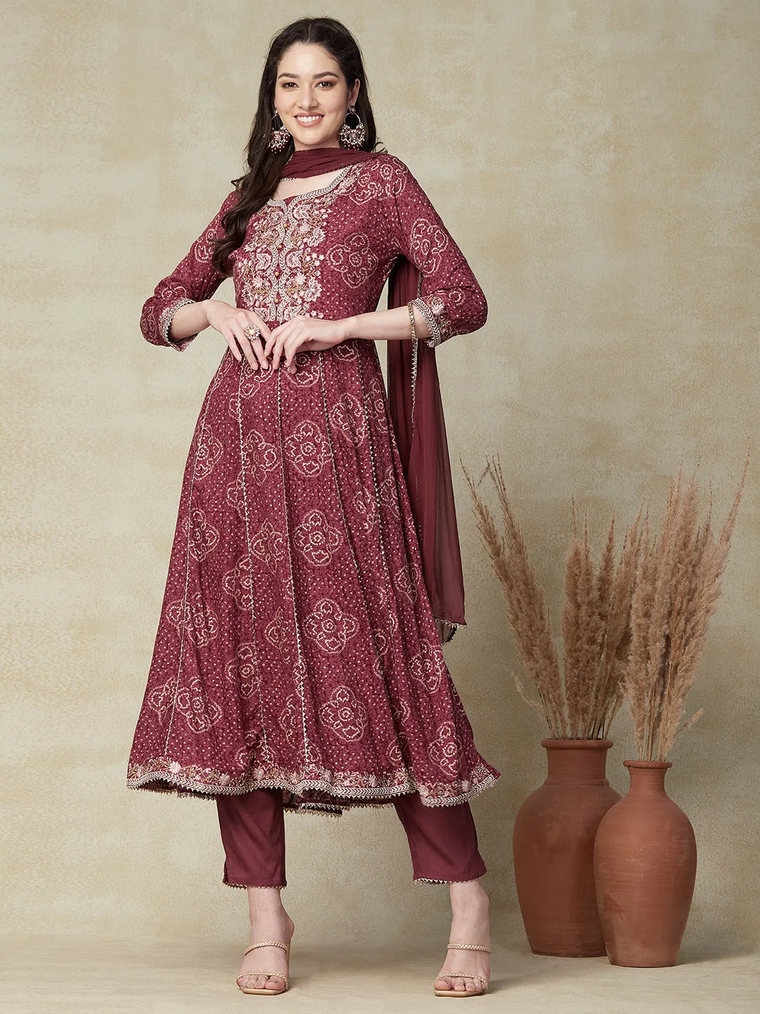 Abstract Printed Resham & Zari Embroidered Anarkali Kurta with Pants & Dupatta - Brown