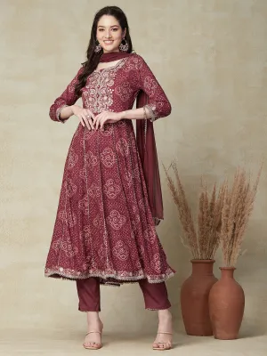 Abstract Printed Resham & Zari Embroidered Anarkali Kurta with Pants & Dupatta - Brown