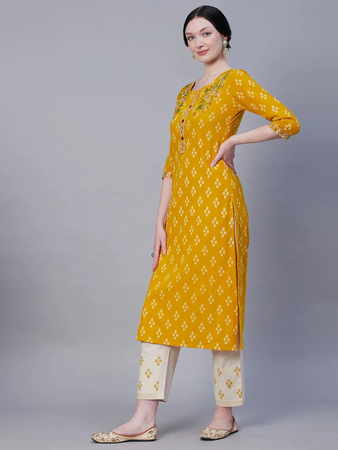 Abstract Printed Resham Embroidered Kurta With Embroidered Pants - Yellow