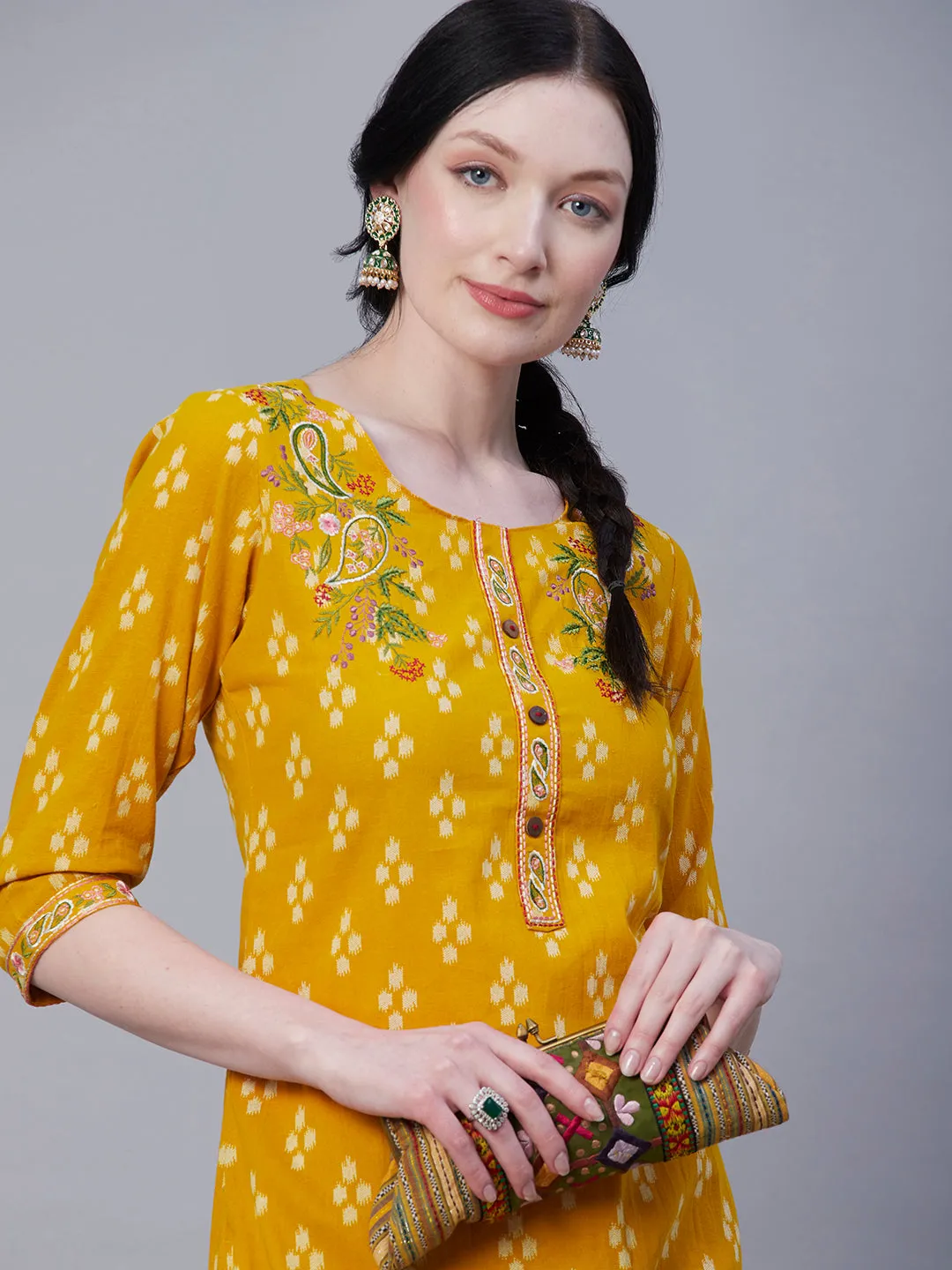 Abstract Printed Resham Embroidered Kurta With Embroidered Pants - Yellow