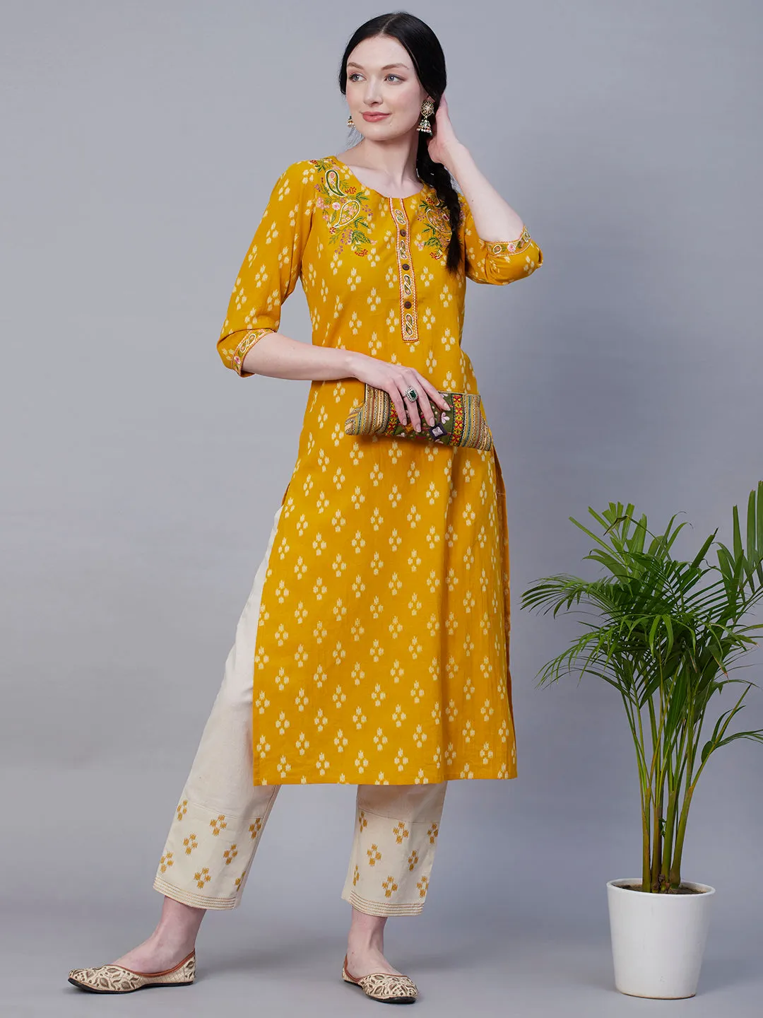 Abstract Printed Resham Embroidered Kurta With Embroidered Pants - Yellow