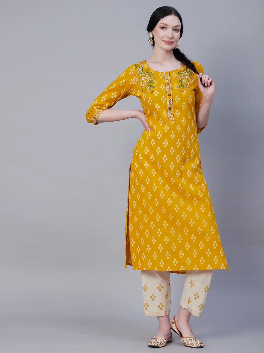 Abstract Printed Resham Embroidered Kurta With Embroidered Pants - Yellow