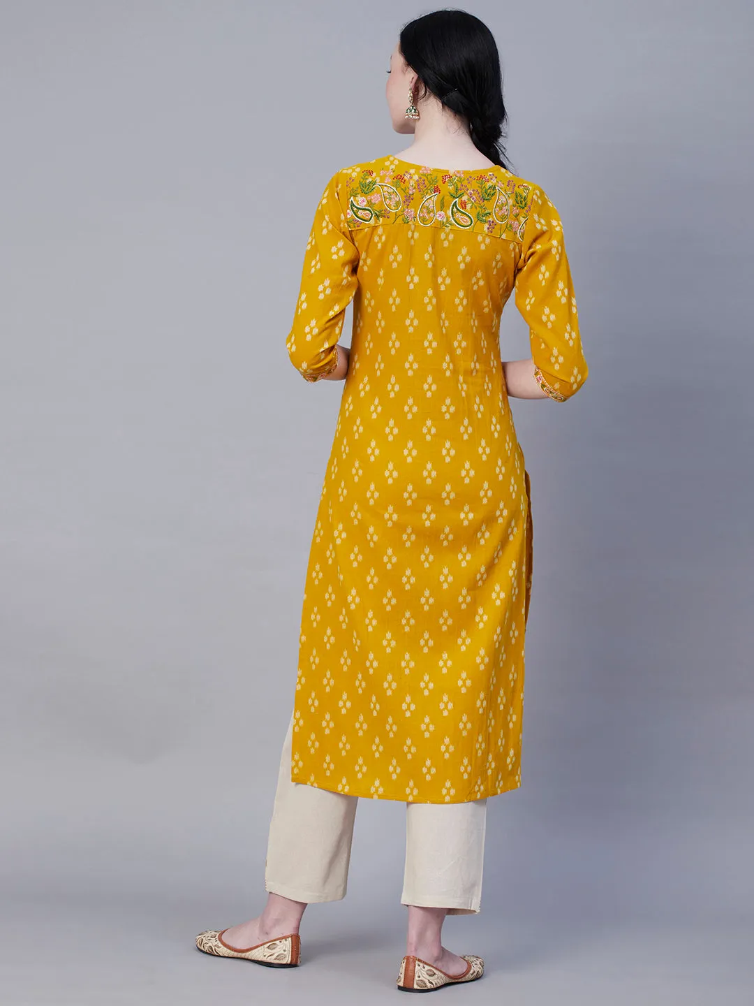 Abstract Printed Resham Embroidered Kurta With Embroidered Pants - Yellow