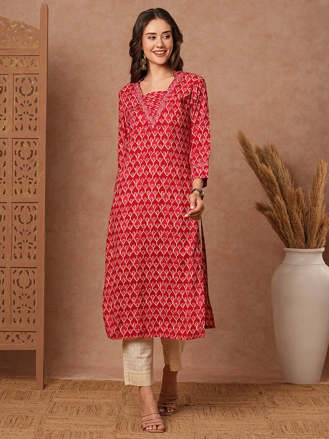 Abstract Printed Resham, Zari & Mirror Embroidered Kurta - Red