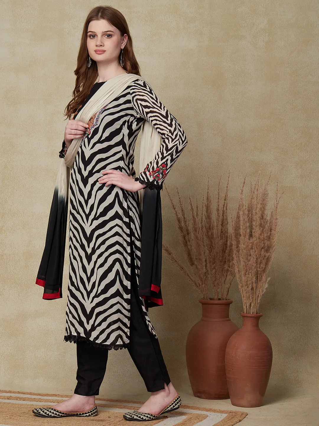 Abstract Printed Sequins & Beads Embroidered Kurta with Pants & Dupatta - Black