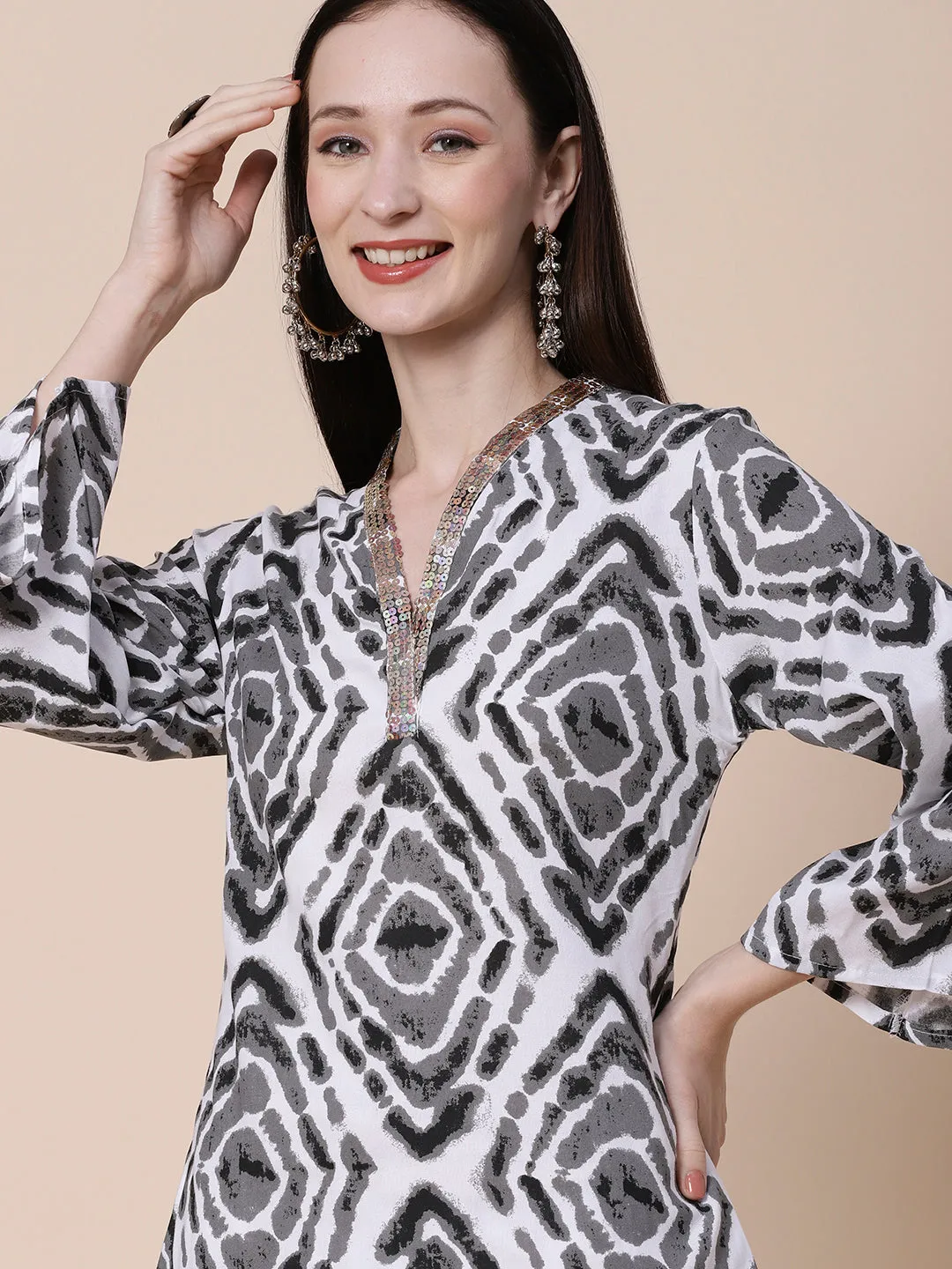 Abstract Printed Sequins Embroidered Bell Sleeves Kurta With Pants - Grey