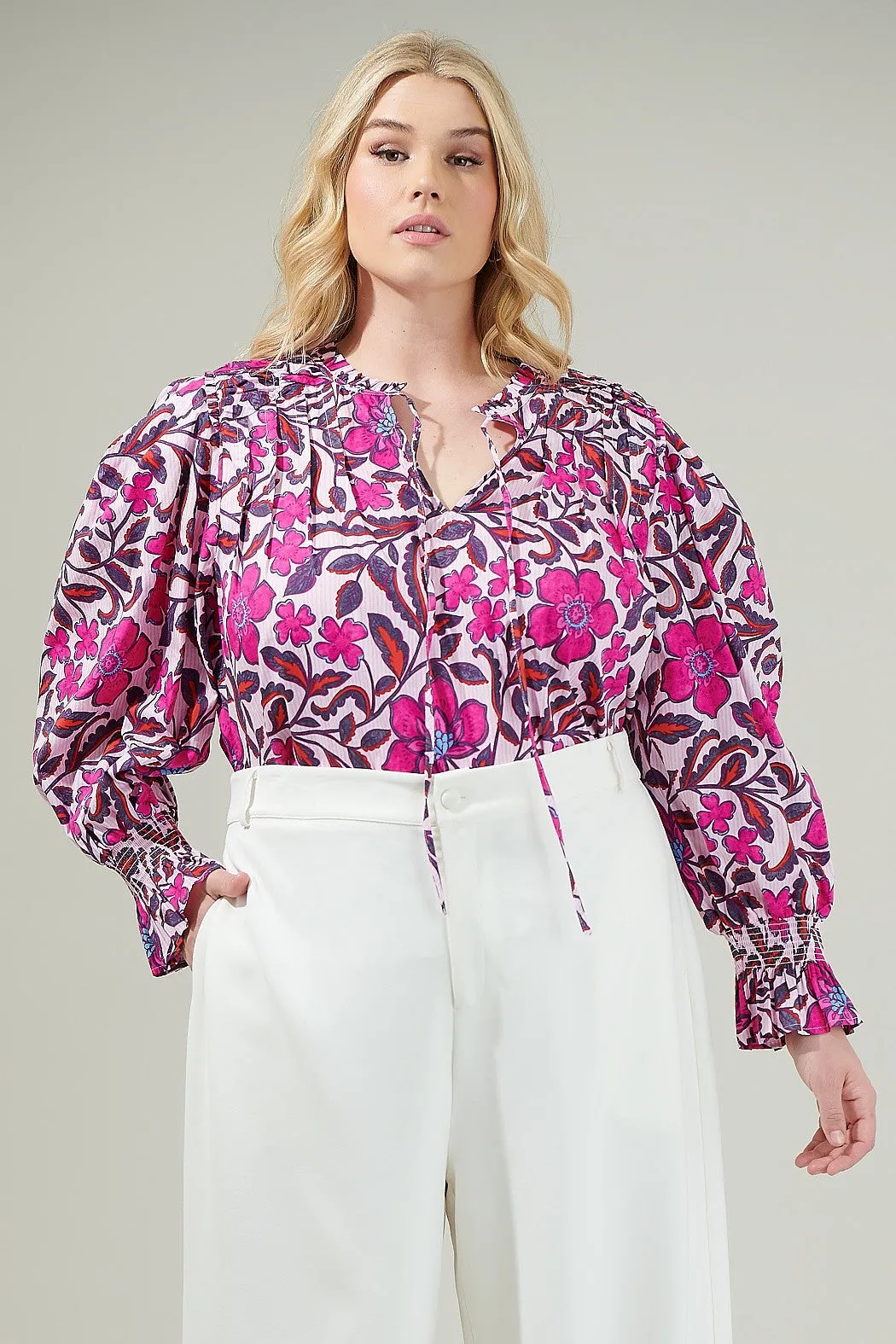 Aubrey Floral Russo Pleated Long Sleeve Blouse Curve