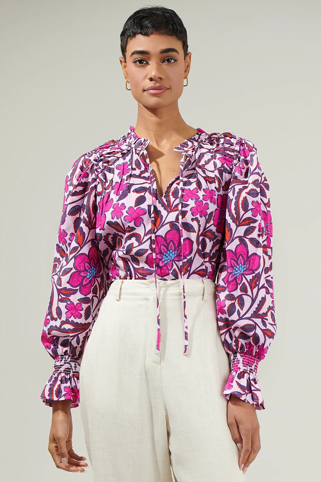 Aubrey Floral Russo Pleated Long Sleeve Blouse